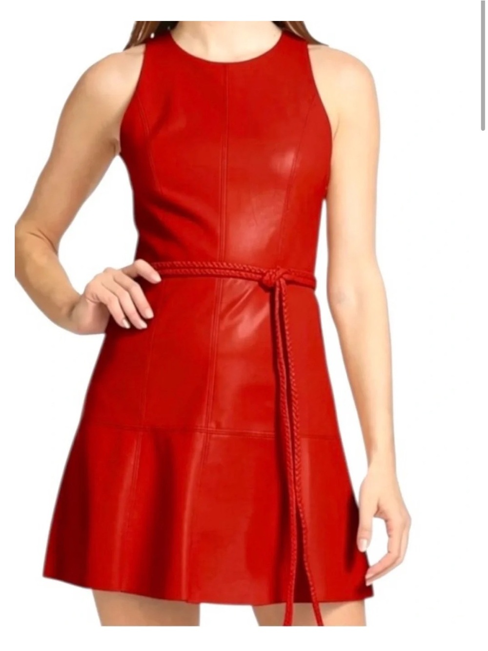 Alice + Olivia Leandra Red Vegan Leather Tie Waist Mini Dress Sz 6